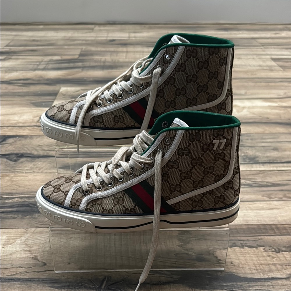 Gucci 1977 Beige and Green Monogram High-Tops Mens Sneakers